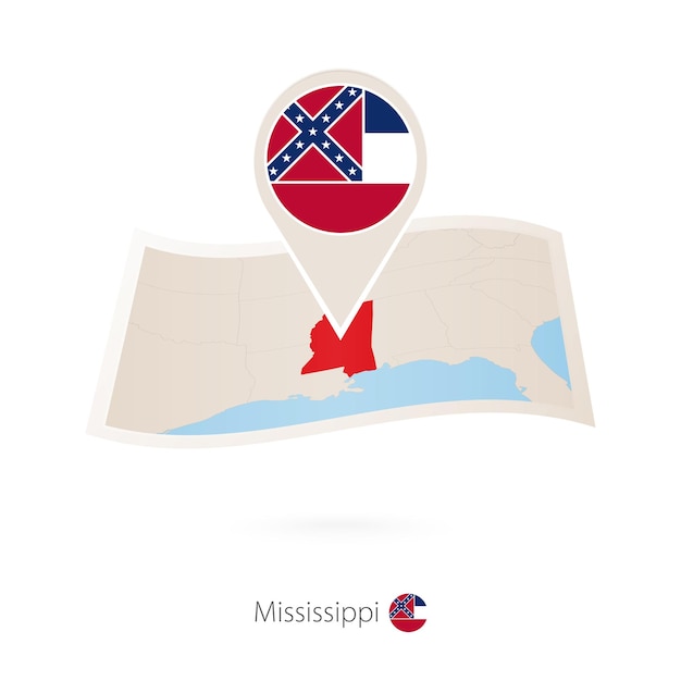 Mapa de papel doblado del estado de Misisipí, EE. UU., con pin de bandera de Misisipi