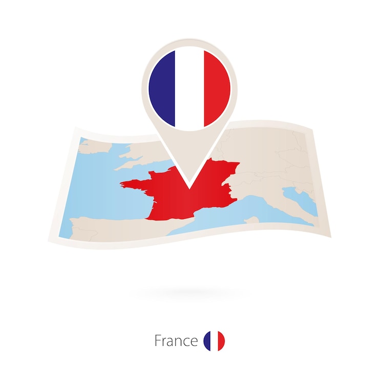 Vector mapa de papel doblado de francia con pin de bandera de francia
