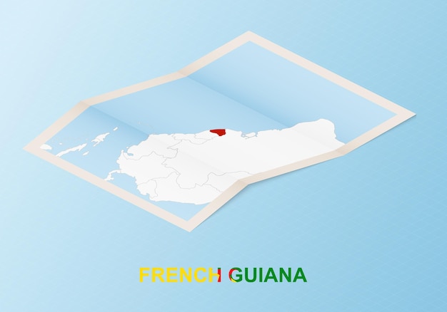 Mapa de papel doblado de la Guayana Francesa con los países vecinos en estilo isométrico.