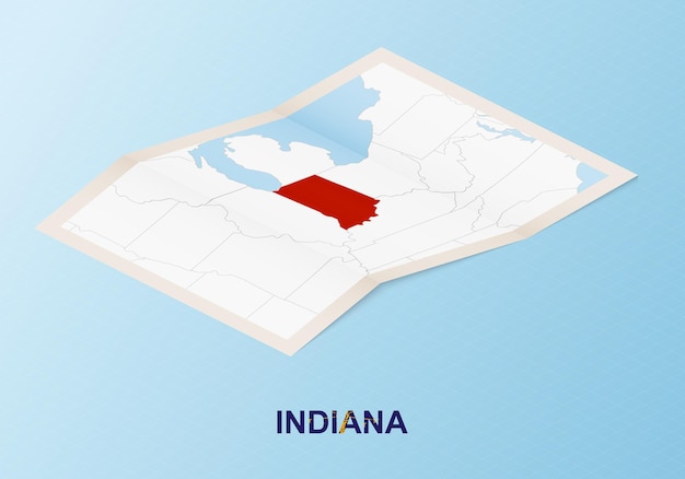 Mapa de papel doblado de indiana con los países vecinos en estilo isométrico.