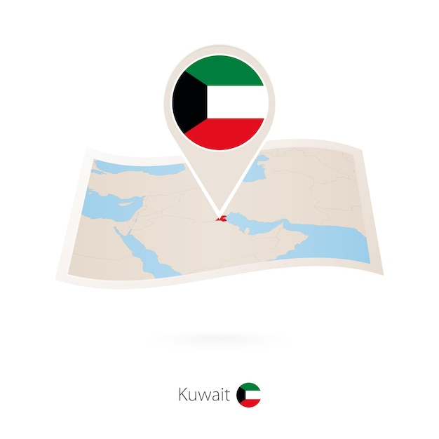 Mapa de papel doblado de kuwait con pin de bandera de kuwait