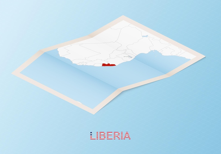 Vector mapa de papel doblado de liberia con los países vecinos en estilo isométrico.