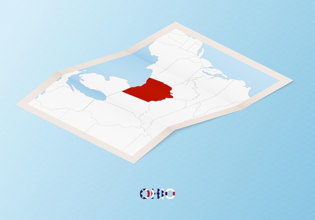 Mapa de papel doblado de ohio con los países vecinos en estilo isométrico.