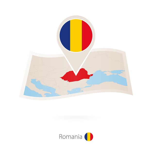 Mapa de papel doblado de rumania con pin de bandera de rumania