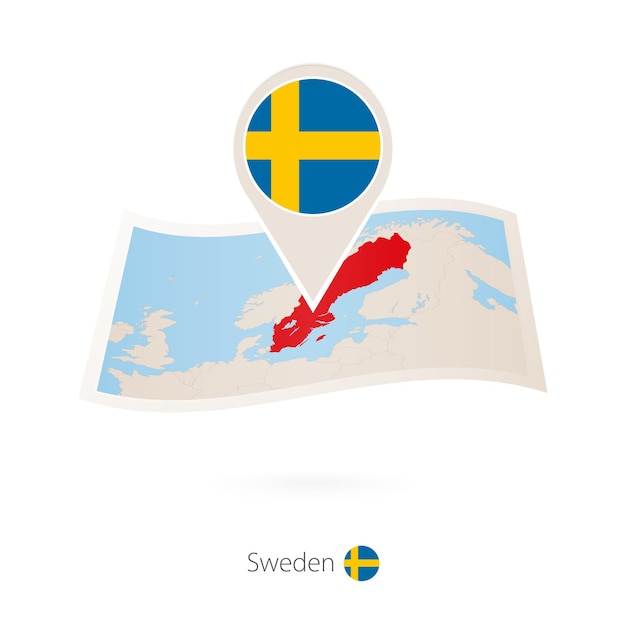 Mapa de papel doblado de Suecia con pin de bandera de Suecia
