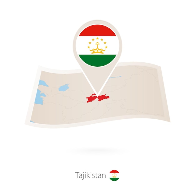 Mapa de papel doblado de Tayikistán con pin de bandera de Tayikistán