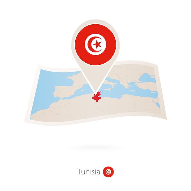 Mapa de papel doblado de túnez con pin de bandera de túnez