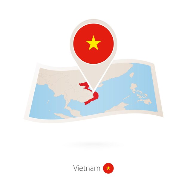 Mapa de papel doblado de vietnam con pin de bandera de vietnam