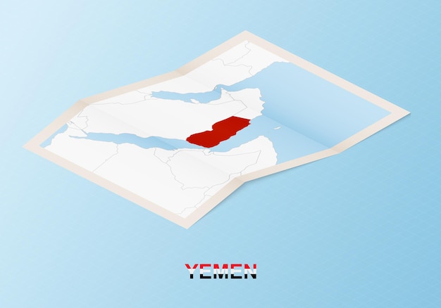 Mapa de papel doblado de yemen con países vecinos en estilo isométrico.