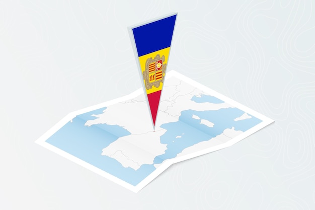 Mapa de papel isométrico de Andorra con bandera triangular de Andorra en estilo isométrico Mapa sobre fondo topográfico