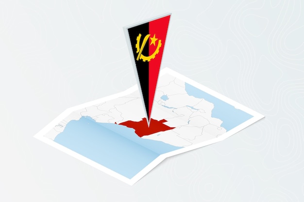 Mapa de papel isométrico de Angola con bandera triangular de Angola en estilo isométrico Mapa sobre fondo topográfico