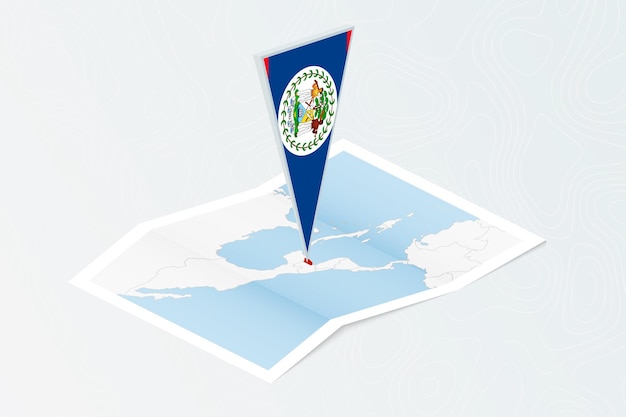 Mapa de papel isométrico de Belice con bandera triangular de Belice en estilo isométrico Mapa sobre fondo topográfico