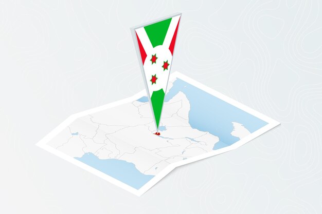 Mapa de papel isométrico de Burundi con bandera triangular de Burundi en estilo isométrico Mapa sobre fondo topográfico