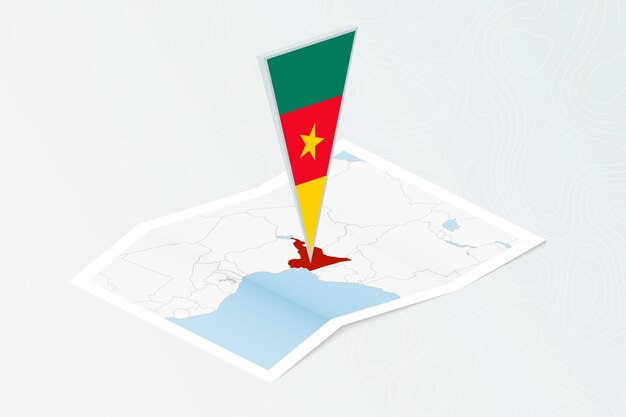 Mapa de papel isométrico de Camerún con bandera triangular de Camerún en estilo isométrico Mapa sobre fondo topográfico