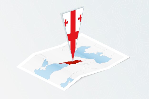 Mapa de papel isométrico de Georgia con bandera triangular de Georgia en estilo isométrico Mapa sobre fondo topográfico