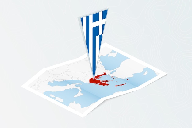 Mapa de papel isométrico de Grecia con bandera triangular de Grecia en estilo isométrico Mapa sobre fondo topográfico