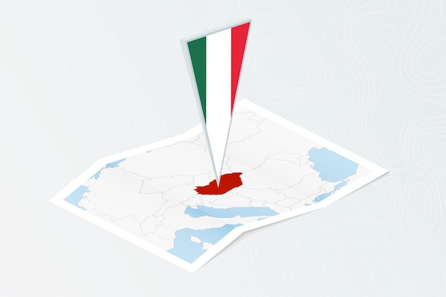 Mapa de papel isométrico de Hungría con bandera triangular de Hungría en estilo isométrico Mapa sobre fondo topográfico