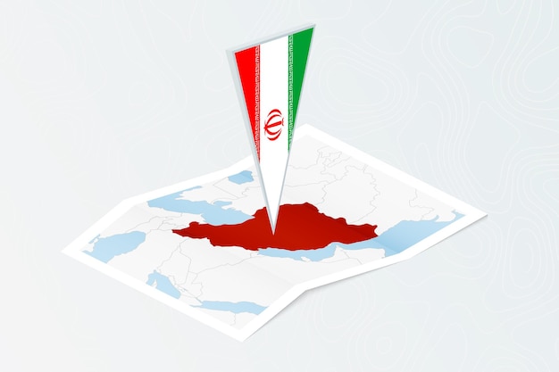 Mapa de papel isométrico de Irán con bandera triangular de Irán en estilo isométrico Mapa sobre fondo topográfico