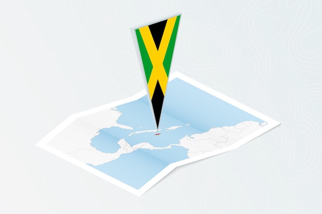 Mapa de papel isométrico de jamaica con bandera triangular de jamaica en estilo isométrico mapa sobre fondo topográfico