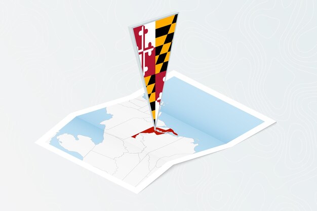 Mapa de papel isométrico de Maryland con bandera triangular de Maryland en estilo isométrico Mapa sobre fondo topográfico