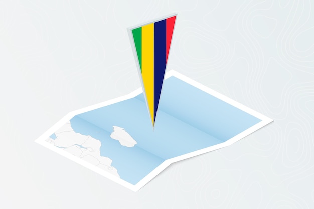 Mapa de papel isométrico de Mauricio con bandera triangular de Mauricio en estilo isométrico Mapa sobre fondo topográfico