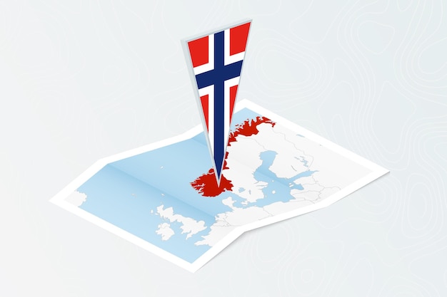 Vector mapa de papel isométrico de noruega con bandera triangular de noruega en estilo isométrico