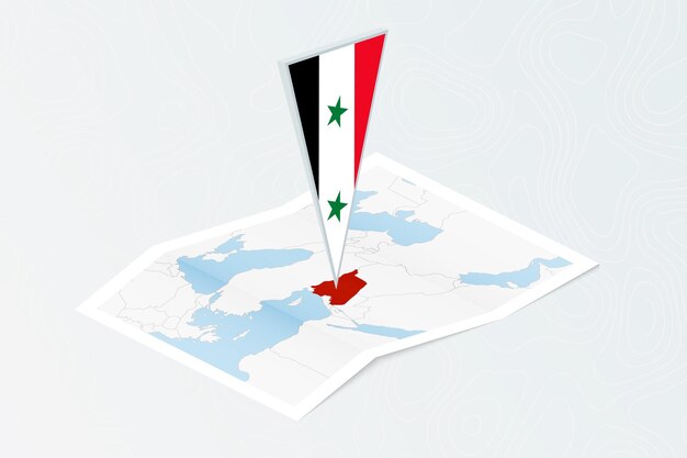 Mapa de papel isométrico de Siria con bandera triangular de Siria en estilo isométrico Mapa sobre fondo topográfico