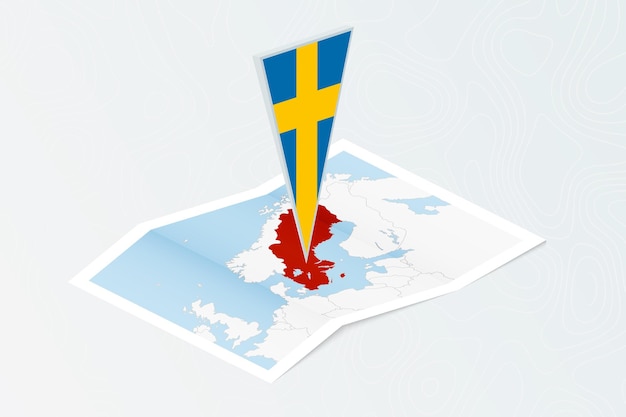 Vector mapa de papel isométrico de suecia con bandera triangular de suecia en estilo isométrico mapa sobre fondo topográfico