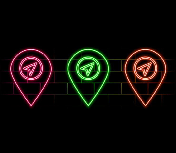 Vector mapa en papel con ubicación de pines por gps simple punto de referencia estilo neón naranja en fondo negro luz