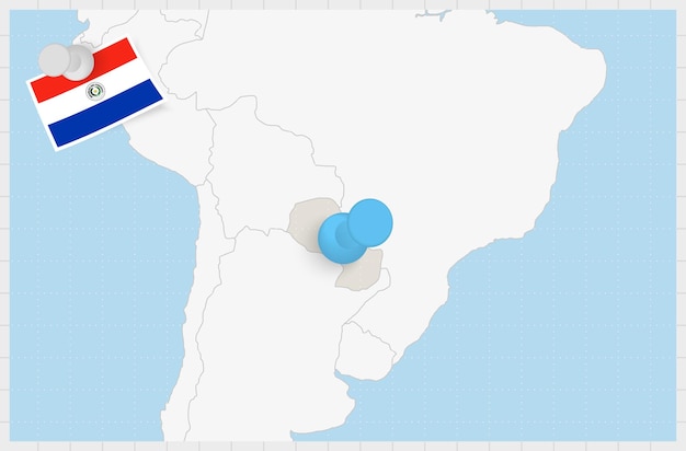 Vector mapa de paraguay con un alfiler azul anclado bandera de paraguay