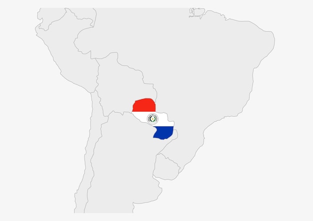 Mapa de Paraguay resaltado en el mapa gris de los colores de la bandera de Paraguay con los países vecinos