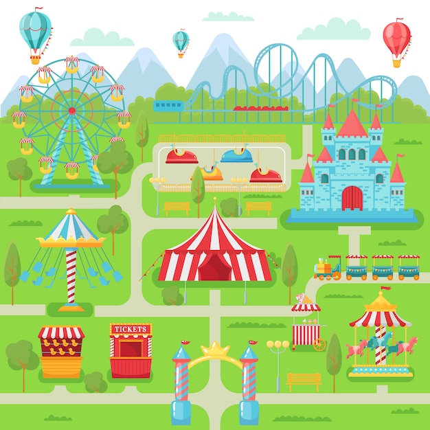 Mapa del parque de atracciones entretenimiento familiar festival atracciones carrusel, montaña rusa y noria ilustración