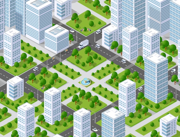 Mapa de patrón de plan urbano. estructura de paisaje isométrica de edificios de la ciudad, rascacielos, calles y árboles.