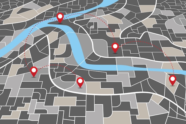 Mapa de perspectiva de navegación de ciudad oscura con pines direccionales