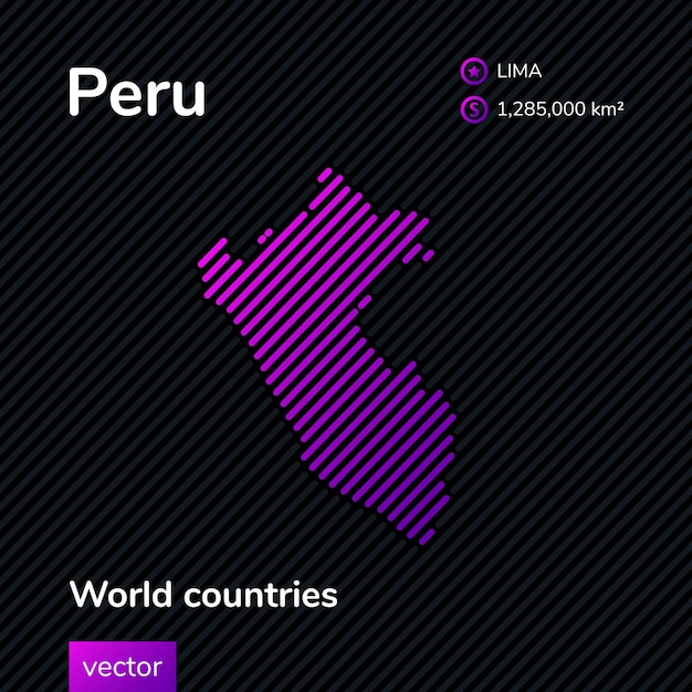 Mapa de perú mapa plano vectorial con textura de rayas rosa púrpura violeta sobre fondo negro