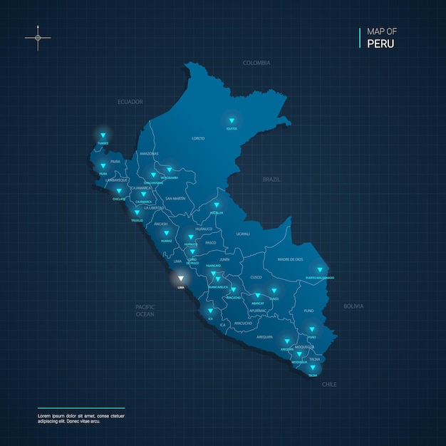 Mapa de Perú con puntos de luz de neón azul