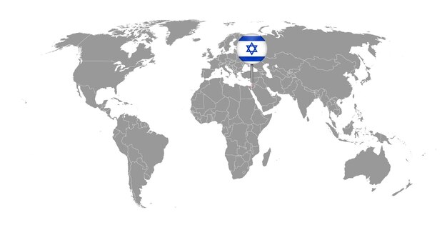 Vector mapa pin con la bandera de israel en el mapa del mundo ilustración vectorial