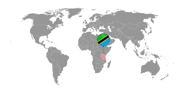 Vector mapa pin con bandera de tanzania en el mapa del mundo ilustración vectorial