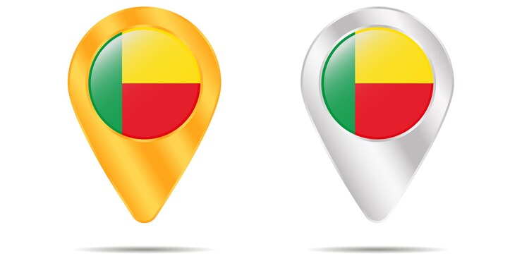 Vector mapa de pines con bandera de benín. sobre un fondo blanco. ilustración vectorial