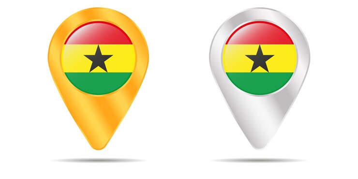 Vector mapa de pines con bandera de ghana. sobre un fondo blanco. ilustración vectorial
