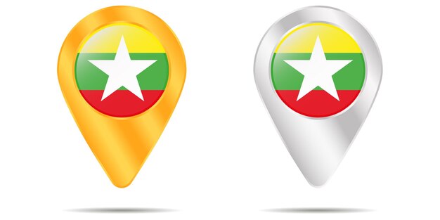 Mapa de pines con bandera de Myanmar. Sobre un fondo blanco. ilustración vectorial