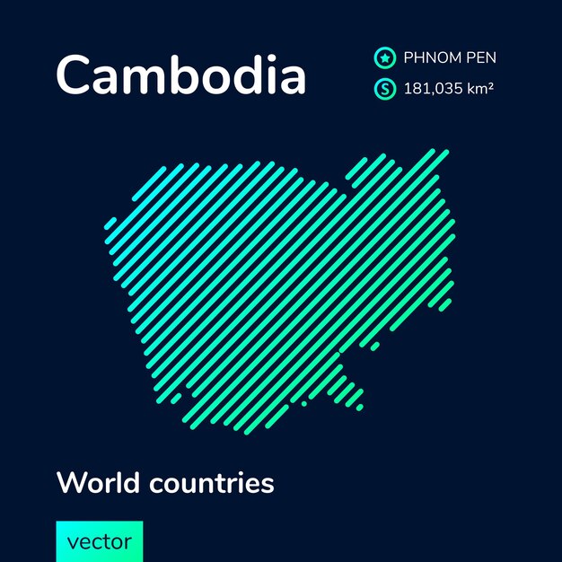 Mapa plano de neón vectorial de Camboya con textura de rayas turquesa verde menta sobre fondo azul oscuro