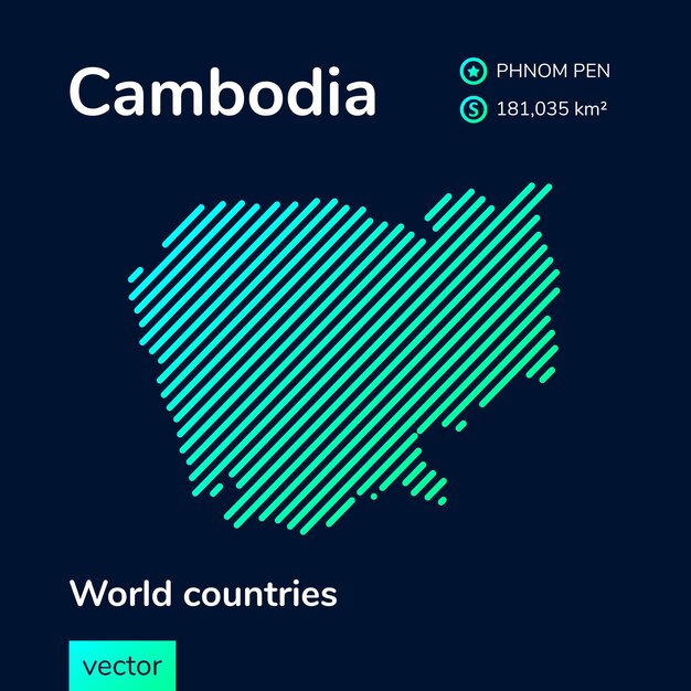 Mapa plano de neón vectorial de camboya con textura de rayas turquesa verde menta sobre fondo azul oscuro