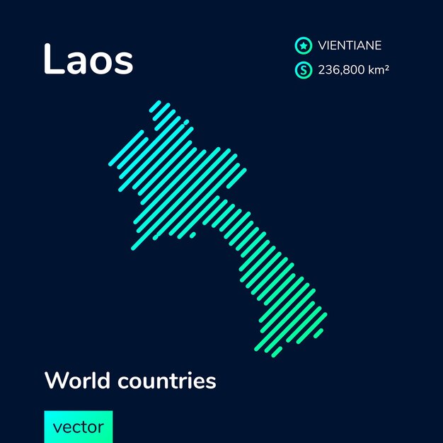 Mapa plano de neón vectorial de Laos con textura de rayas turquesa verde menta sobre fondo azul oscuro