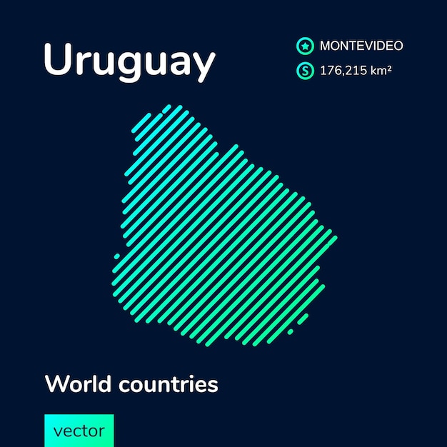 Mapa plano de neón vectorial de Uruguay con textura de rayas turquesa verde menta sobre fondo azul oscuro