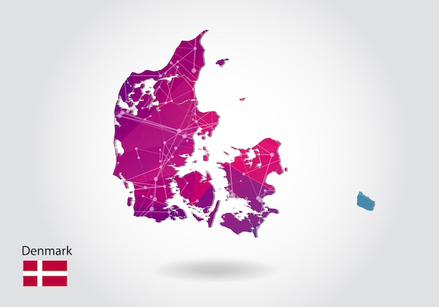 Vector mapa poligonal de dinamarca del vector. diseño de baja poli. mapa de triángulos sobre fondo blanco. gráfico de degradado de estilo polivinílico bajo triangular arrugado geométrico, puntos de línea, diseño de interfaz de usuario.