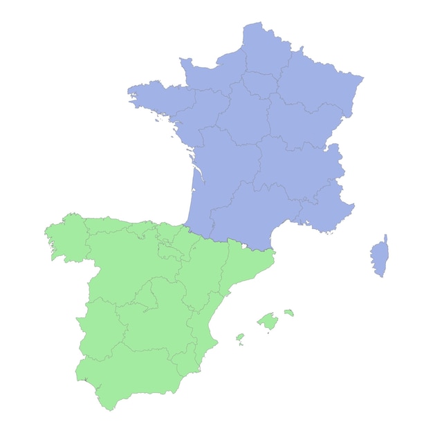 Mapa político de alta calidad de Francia y España con fronteras de las regiones o provincias