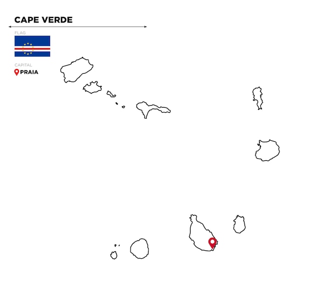 Mapa político de cabo verde con la ciudad capital, praia, bandera nacional y fronteras, país africano