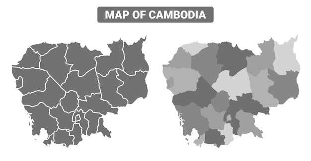 Mapa político de Camboya en escala de gris con bordes, contorno de estilo, conjunto de ilustraciones vectoriales