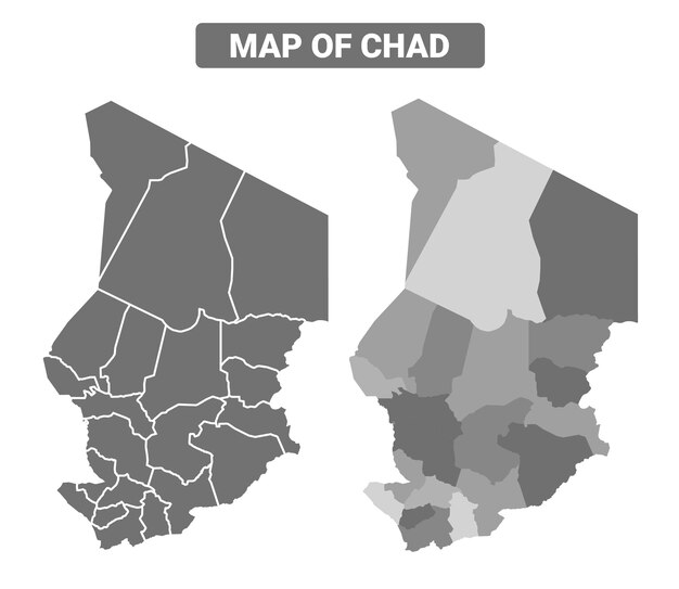 Mapa político de Chad en escala de gris con bordes, contorno de estilo, conjunto de ilustraciones vectoriales